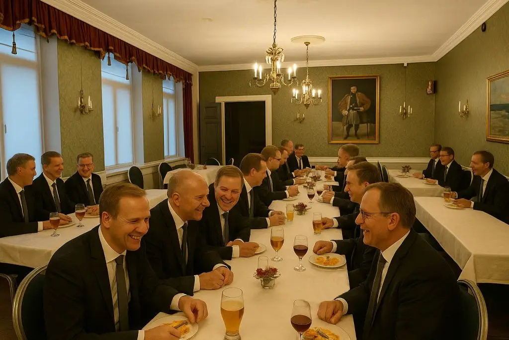 Odd Fellow -veljet ovat kokoontuneet loosikokouksen jälkeen yhteiselle illalliselle keskustelemaan ja kuulemaan esitelmiä